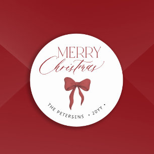 Merry Christmas minimalist elegant red bow holiday Classic Round Sticker