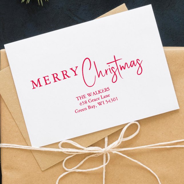 Merry Christmas Minimalist Family Address Rubber Stamp (Merry Christmas Minimalist Family Address Modern Calligraphy Script Rubber Stamp.)