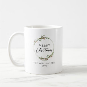 Merry Christmas Minimalist Family Name Wreath Coffee Mug