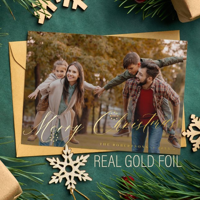 Merry Christmas minimalist gold snowflakes photo Foil Holiday Card (Creator Uploaded)