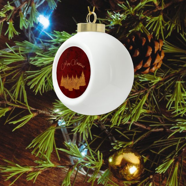 Merry Christmas - minimalist - golden fir trees Ceramic Ball Christmas Ornament (Creator Uploaded)
