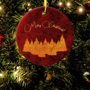 Merry Christmas - minimalist - golden fir trees Ceramic Tree Decoration