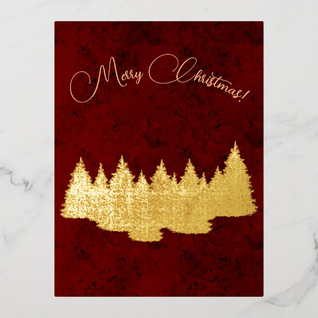 Merry Christmas - minimalist - golden fir trees Foil Holiday Postcard (Front)
