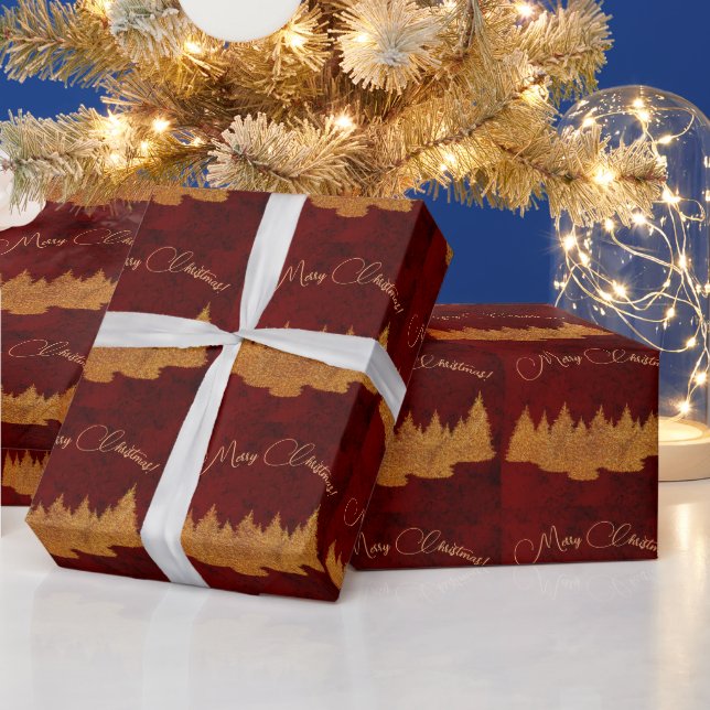 Merry Christmas - minimalist - golden fir trees Wrapping Paper (Holidays)