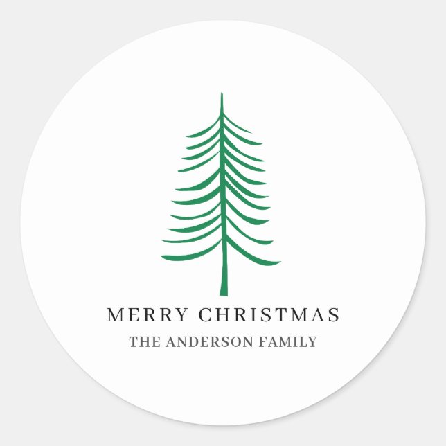 Merry Christmas Minimalist Green Modern Tree  Classic Round Sticker (Front)