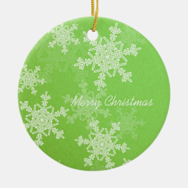 Merry Christmas Minimalist Green Snowflakes  Ceramic Tree Decoration (Front)