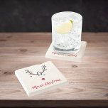 Merry Christmas minimalist modern reindeer Stone Coaster<br><div class="desc">A funny,  cute modern minimalist image of a reindeer head with a red nose.  With Christmas ornaments,  baubles hanging from the antlers. No background colour,  
Colours: white,  red,  grey,  blue,  green. A handwritten style script and the text: Merry Christmas.</div>