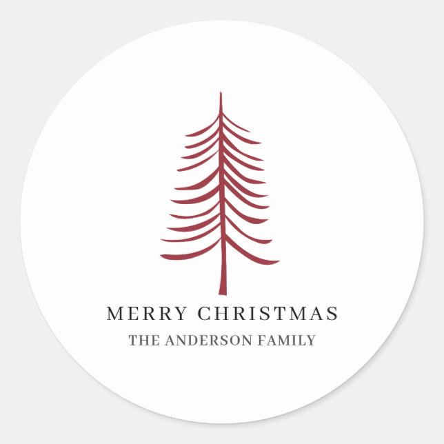 Merry Christmas Minimalist Red Modern Tree  Classic Round Sticker (Front)