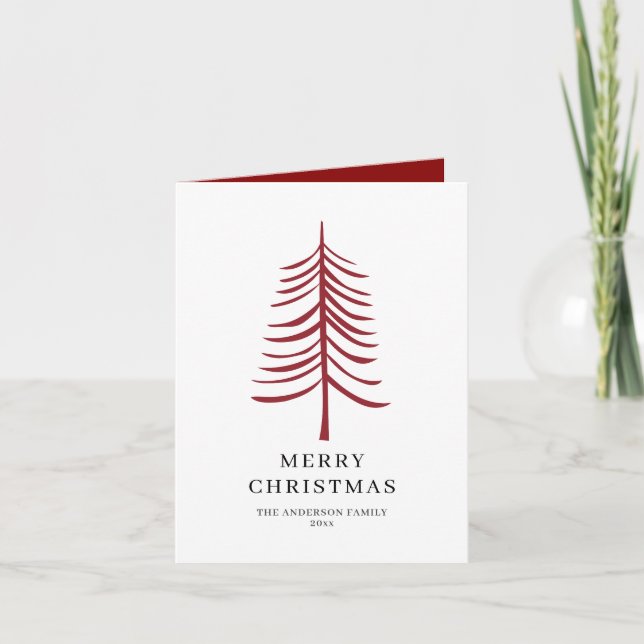 Merry Christmas Minimalist Red Modern Tree  Holiday Card (Front)