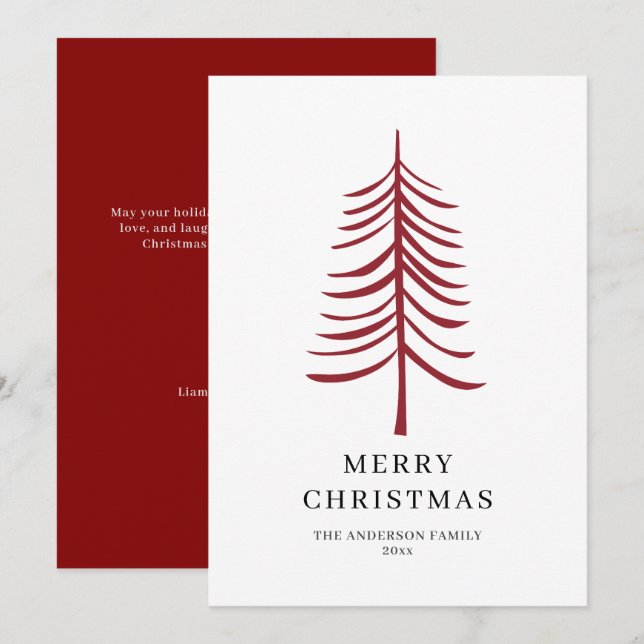Merry Christmas Minimalist Red Modern Tree  Holiday Card (Front/Back)