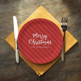 Merry Christmas Minimalist Simple Striped Red  Paper Plate
