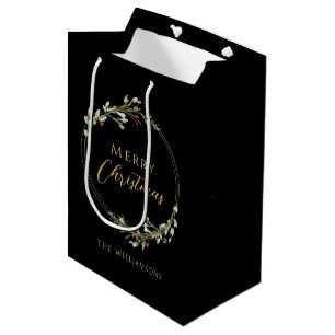 Merry Christmas Minimalist Wreath Black Medium Gift Bag