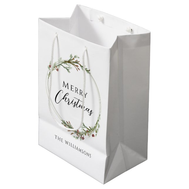 Merry Christmas Minimalist Wreath Medium Gift Bag (Front Angled)