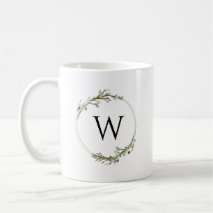 Merry Christmas Minimalist Wreath Monogram Coffee Mug