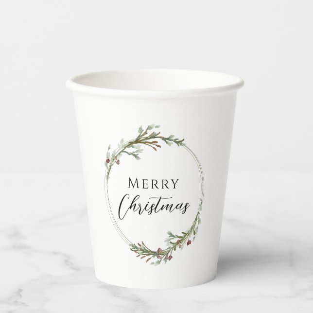 Merry Christmas Minimalist Wreath White Paper Cups (Front)