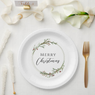 Merry Christmas Minimalist Wreath White Paper Plate