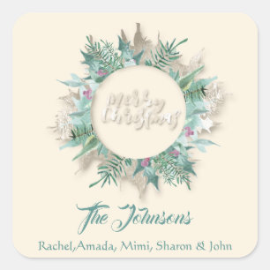 Merry Christmas Mint Green Ivory Holidays Wreath Square Sticker
