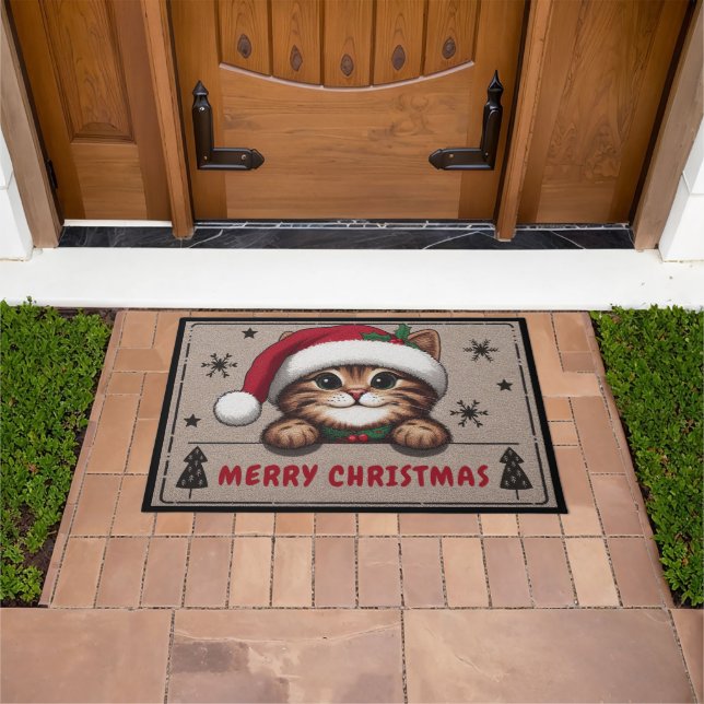 Merry Christmas Mischievous Tabby Cat, Xmas Kitten Doormat (Outdoor)