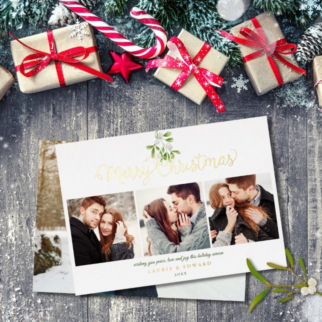 Merry Christmas Mistletoe 4 Photo Gold Foil Holiday Card (Creator Uploaded)