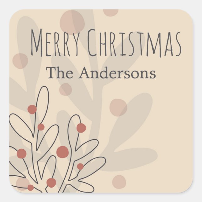 Merry Christmas mistletoe and family name text Square Sticker (Front)