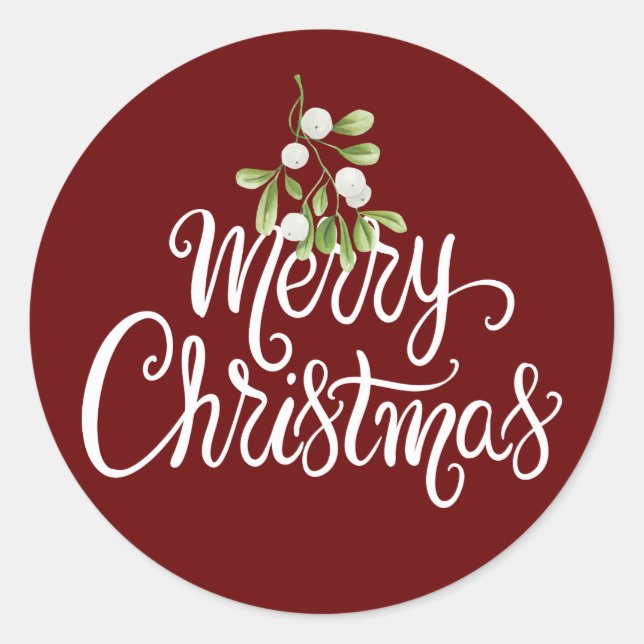 Merry Christmas Mistletoe Burgundy Elegant Script Classic Round Sticker (Front)