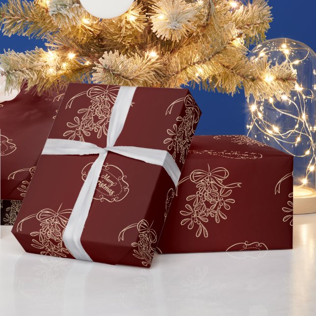 Merry Christmas Mistletoe Calligraphy Red Wrapping Paper (Holidays)