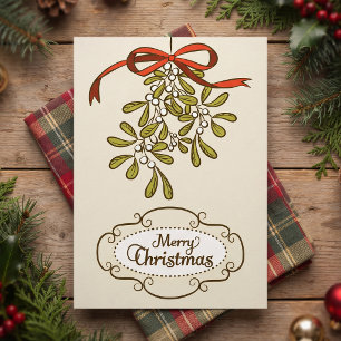Merry Christmas Mistletoe Calligraphy Vintage Holiday Card