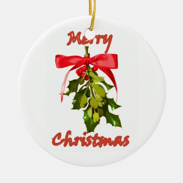 Merry Christmas mistletoe customised Ceramic Tree Decoration (Front)