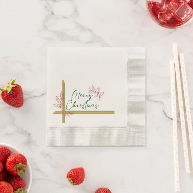 Merry Christmas Mistletoe Red Green Gold Elegant Napkin (Insitu)