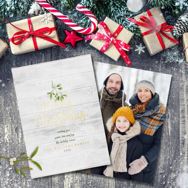 Merry Christmas Mistletoe Rustic Wood Photo Gold Foil Holiday Card (Creator Uploaded)
