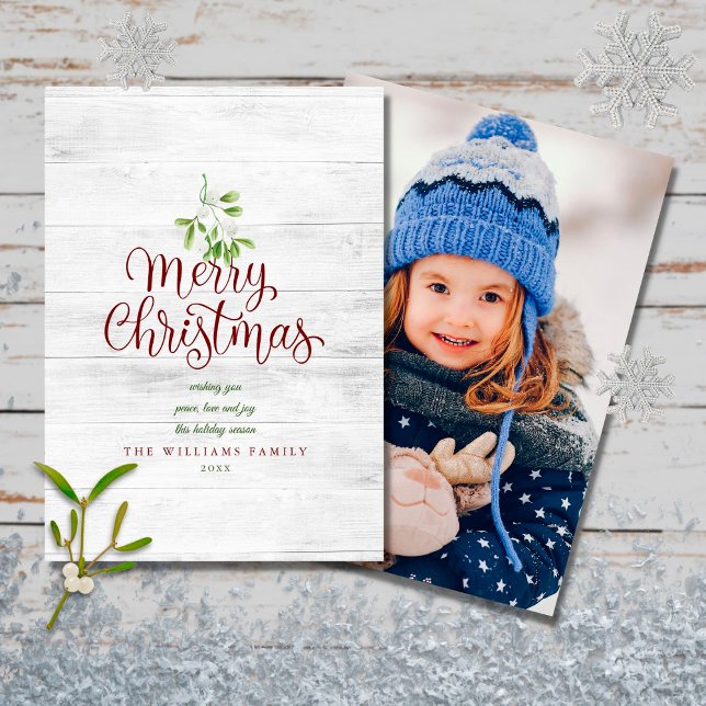 Merry Christmas Mistletoe Rustic Wood Photo Holiday Card (Creator Uploaded)