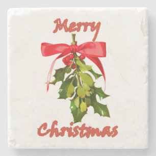 merry christmas mistletoe stone coaster