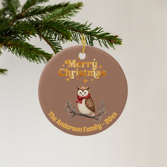 Merry Christmas mocha gold cute owl Ceramic Tree Decoration (Creator Uploaded)