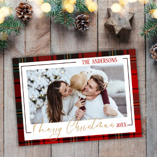 Merry Christmas modern 1 family photo red plaid Holiday Card