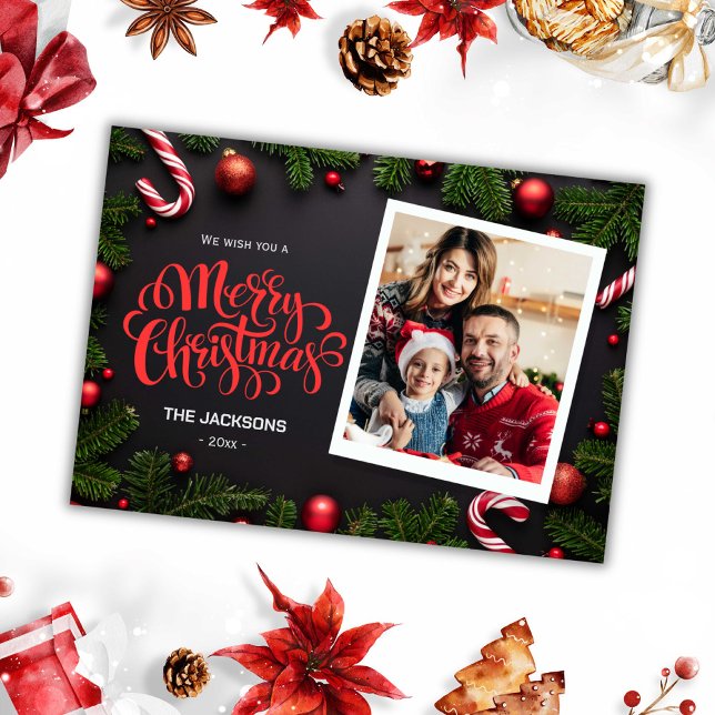 Merry Christmas modern 1 photo festive elements Holiday Card (Front )