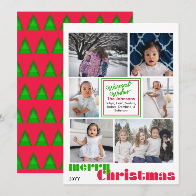 merry Christmas modern 6 photo Red and Green Holiday Card (Front/Back)