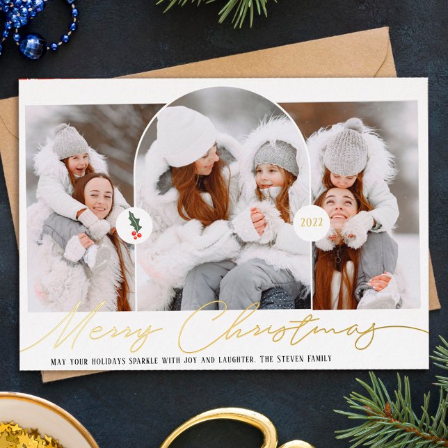 Merry Christmas modern arch 3 photos red script Foil Holiday Card (Creator Uploaded)