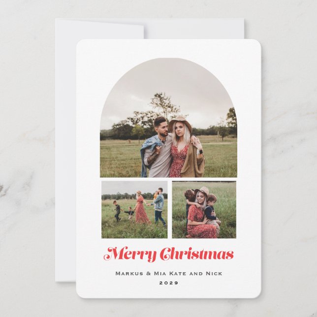 Merry Christmas Modern Arch Multi photo Red Holiday Card (Front)