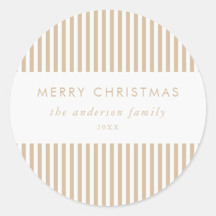 Merry Christmas Modern Beige Stripes Classic Round Sticker