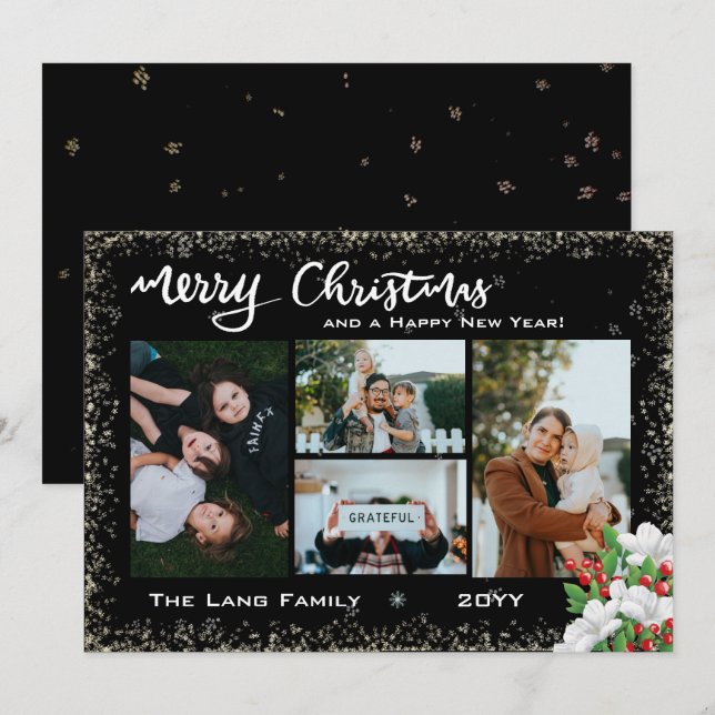 Merry Christmas Modern Black Photo Snow | Florals Holiday Card (Front/Back)
