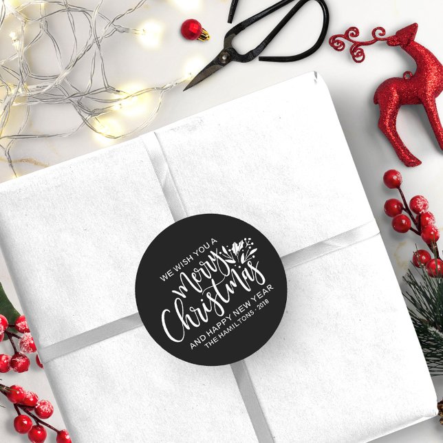 Merry Christmas Modern Black White Classic Round Sticker (Creator Uploaded)