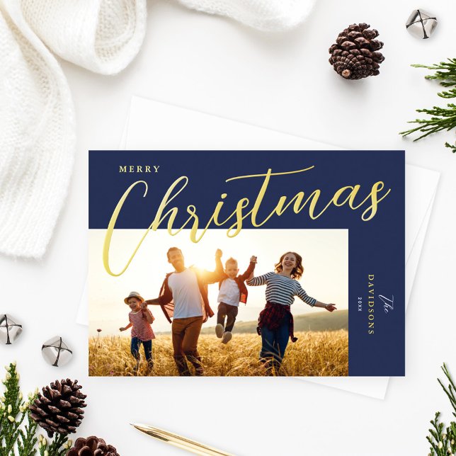 Merry Christmas Modern Blue Gold Script Photo Foil Holiday Card (Creator Uploaded)