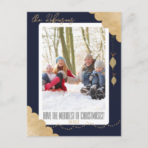 Merry Christmas   Modern Blue Photo Dark Navy Blue Holiday Postcard