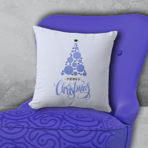 Merry Christmas Modern Blue Tree Holiday Cushion