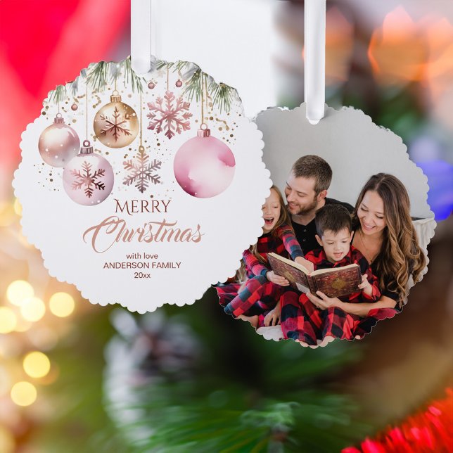 Merry Christmas modern boho metallic photo templat Tree Decoration Card (Merry Christmas modern boho metallic baubles snowflakes photo template Ornament Card unique cards)