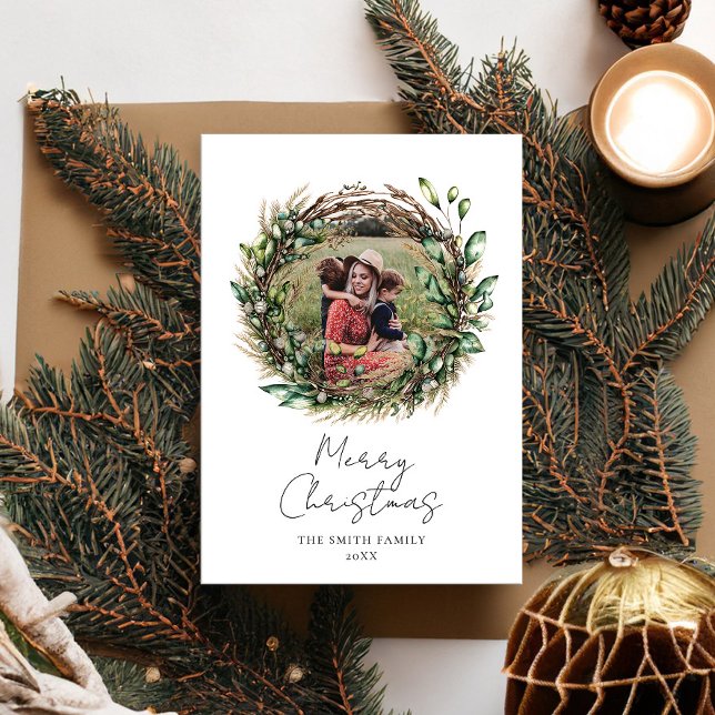 Merry Christmas Modern Boho Rustic Wreath Photo Holiday Card (Creator Uploaded)