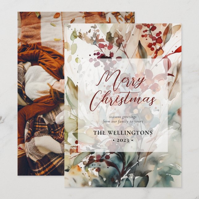 Merry Christmas Modern Botanical Watercolor Photo Holiday Card (Front/Back)