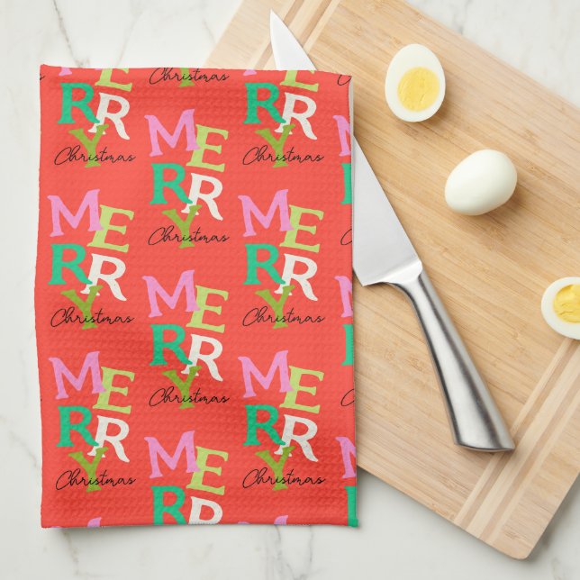 Merry Christmas Modern Bright Holiday Tea Towel (Quarter Fold)