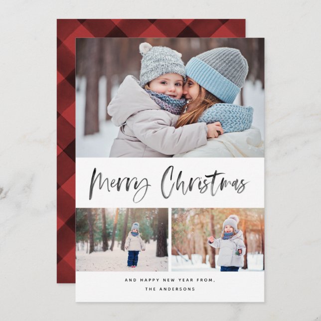 Merry Christmas Modern Brush Script Collage Photo Holiday Card (Front/Back)