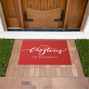 Merry Christmas Modern Calligraphy Custom Red Doormat